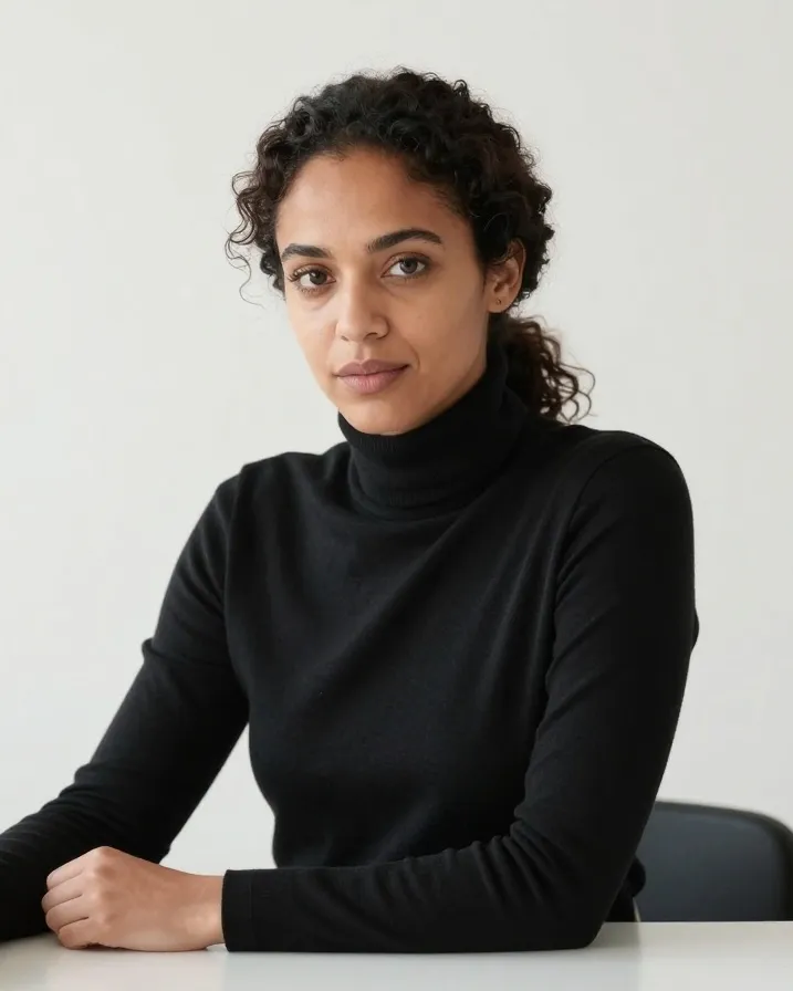 Tatiana Vieira sentada à mesa, olhando para a câmera